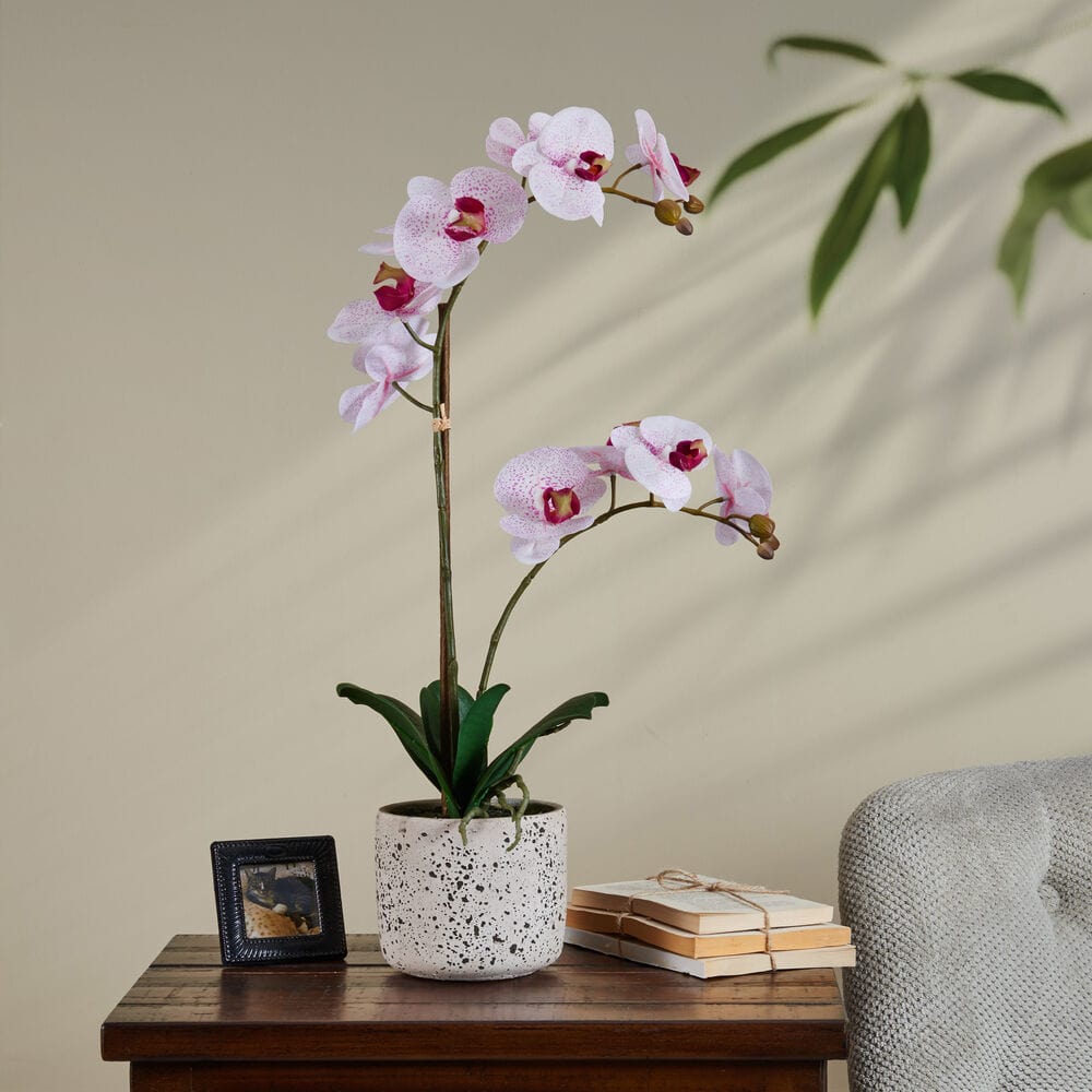 21 Inch Faux Orchid Flower in Rustic Pot. White and Pink - Image 2