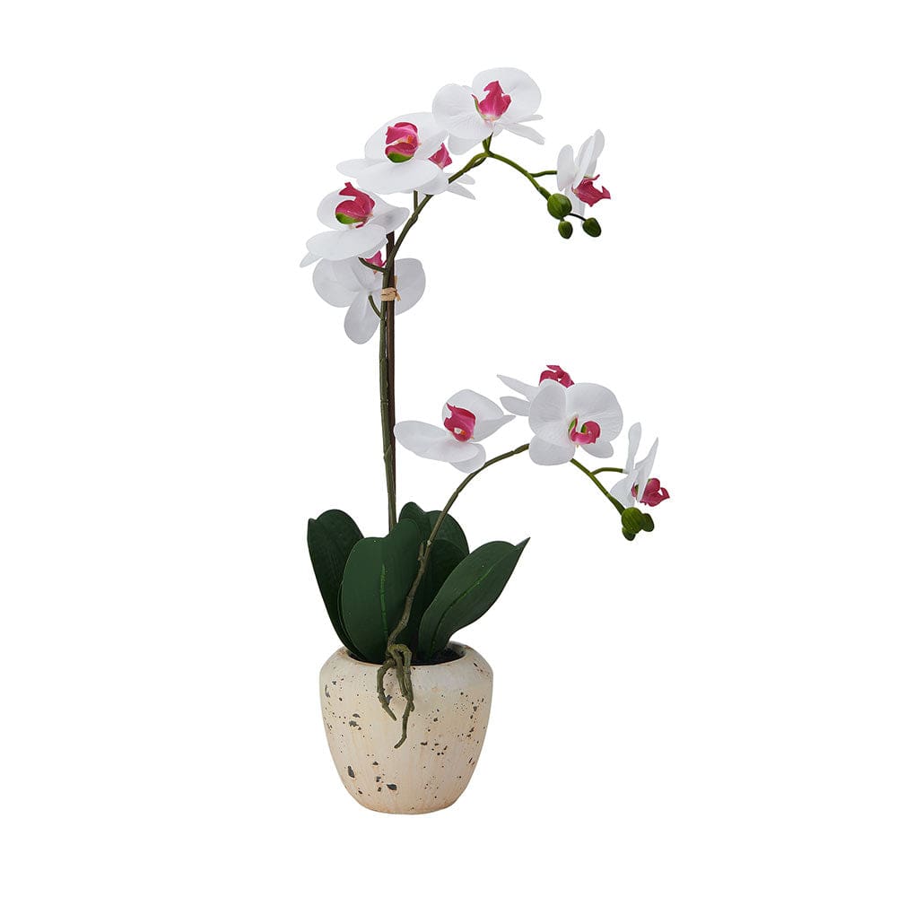 22 Inch Faux Orchid in Rustic Pot. White and Pink