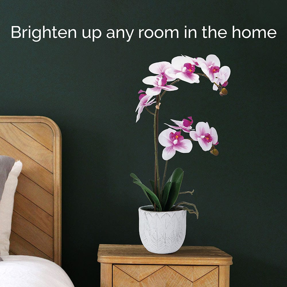 22 Inch Faux Orchid in White Leaf Pot. White and Fuchsia - Image 2