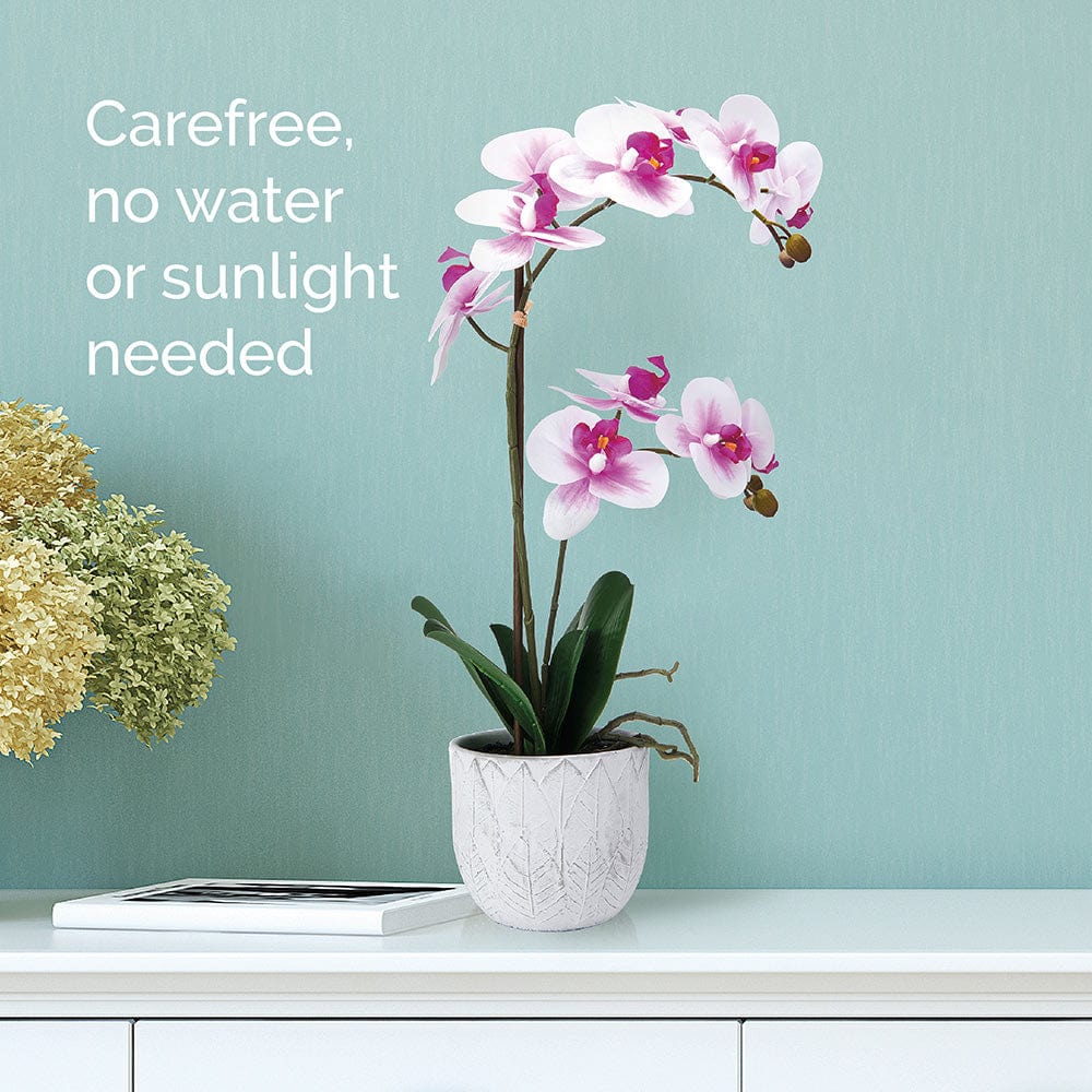 22 Inch Faux Orchid in White Leaf Pot. White and Fuchsia - Image 3