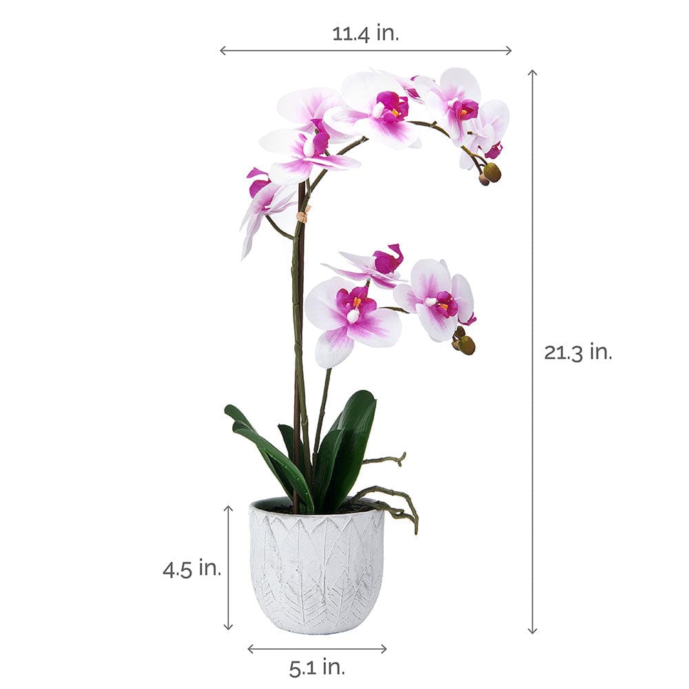 22 Inch Faux Orchid in White Leaf Pot. White and Fuchsia - Image 4