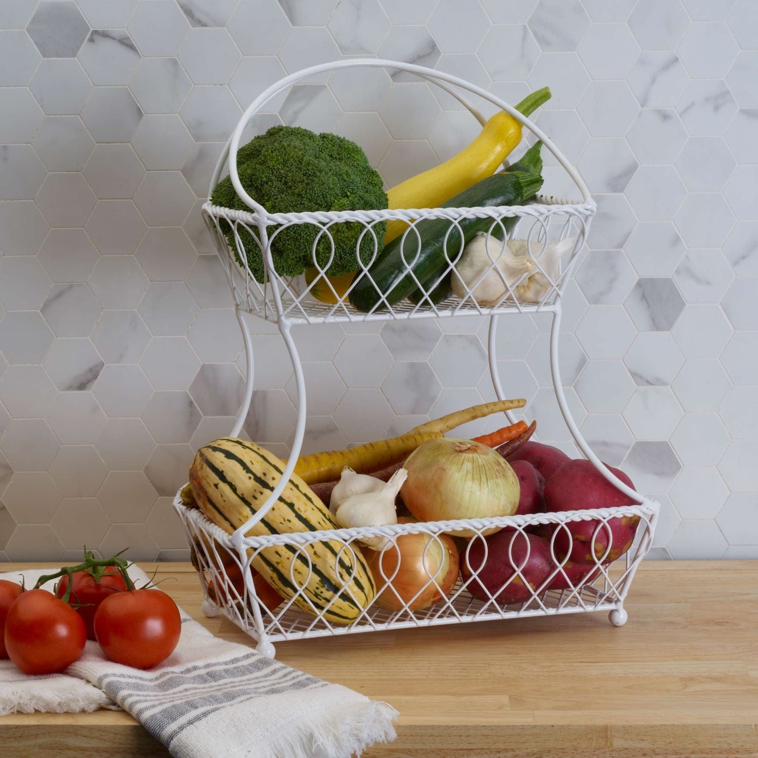 Loop and Lattice 2 Tier White Flatback Fruit Storage Basket - Image 2