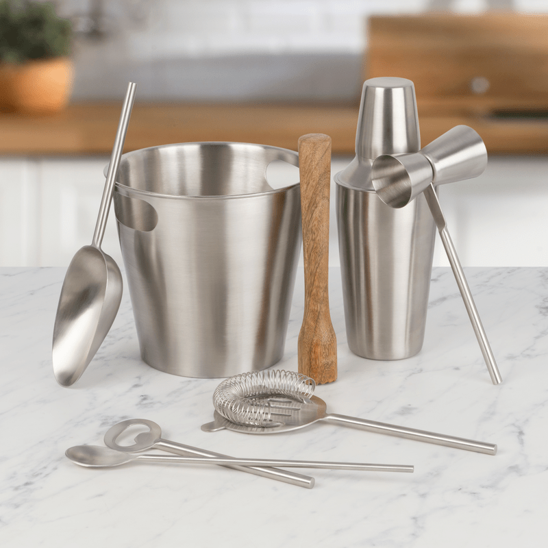 Essentials 8 Piece Barware Cocktail Shaker Bartool Set - Image 2