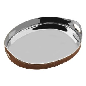 Faux Leather Stitched Oval Serving Bar Tray