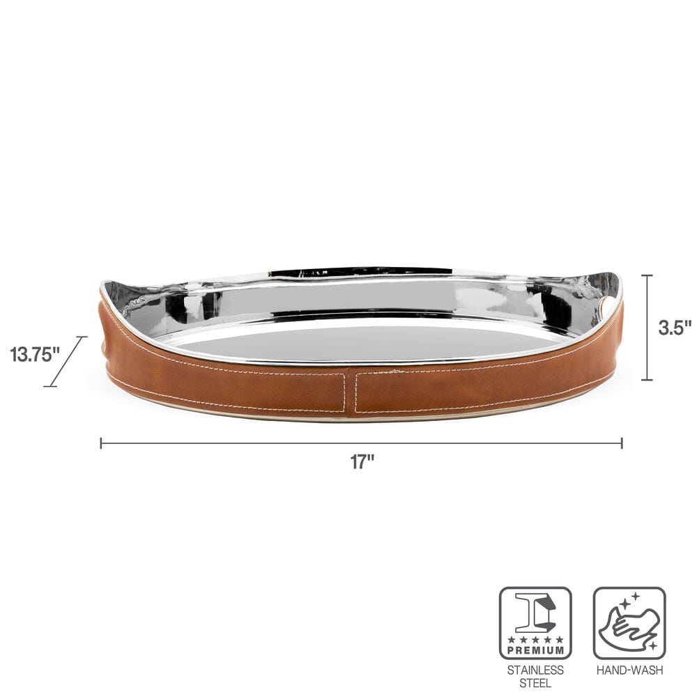 Faux Leather Stitched Oval Serving Bar Tray - Image 3