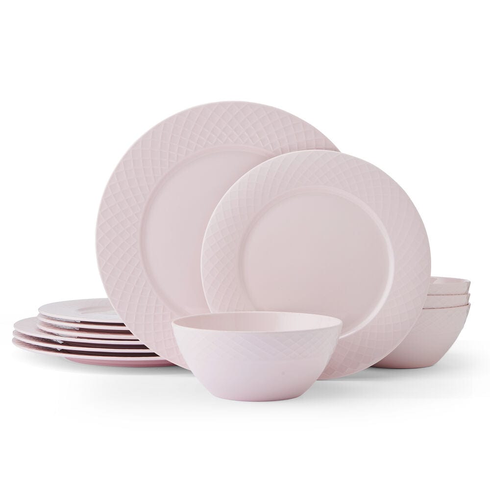 Trellis Pink 12 Piece Dinnerware Set. Service for 4