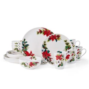 Hope Joy Poinsettia 16 Piece Dinnerware Set. Service for 4
