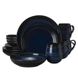Swirl Black Coupe with Cobalt Ombre Accent 16 Piece Dinnerware Set. Service for 4