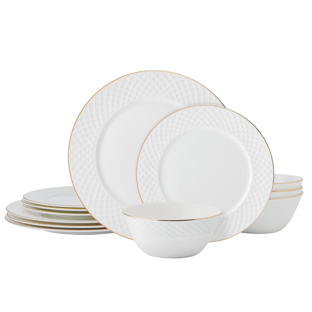 Trellis Gold 12 Piece Dinnerware Set. Service for 4